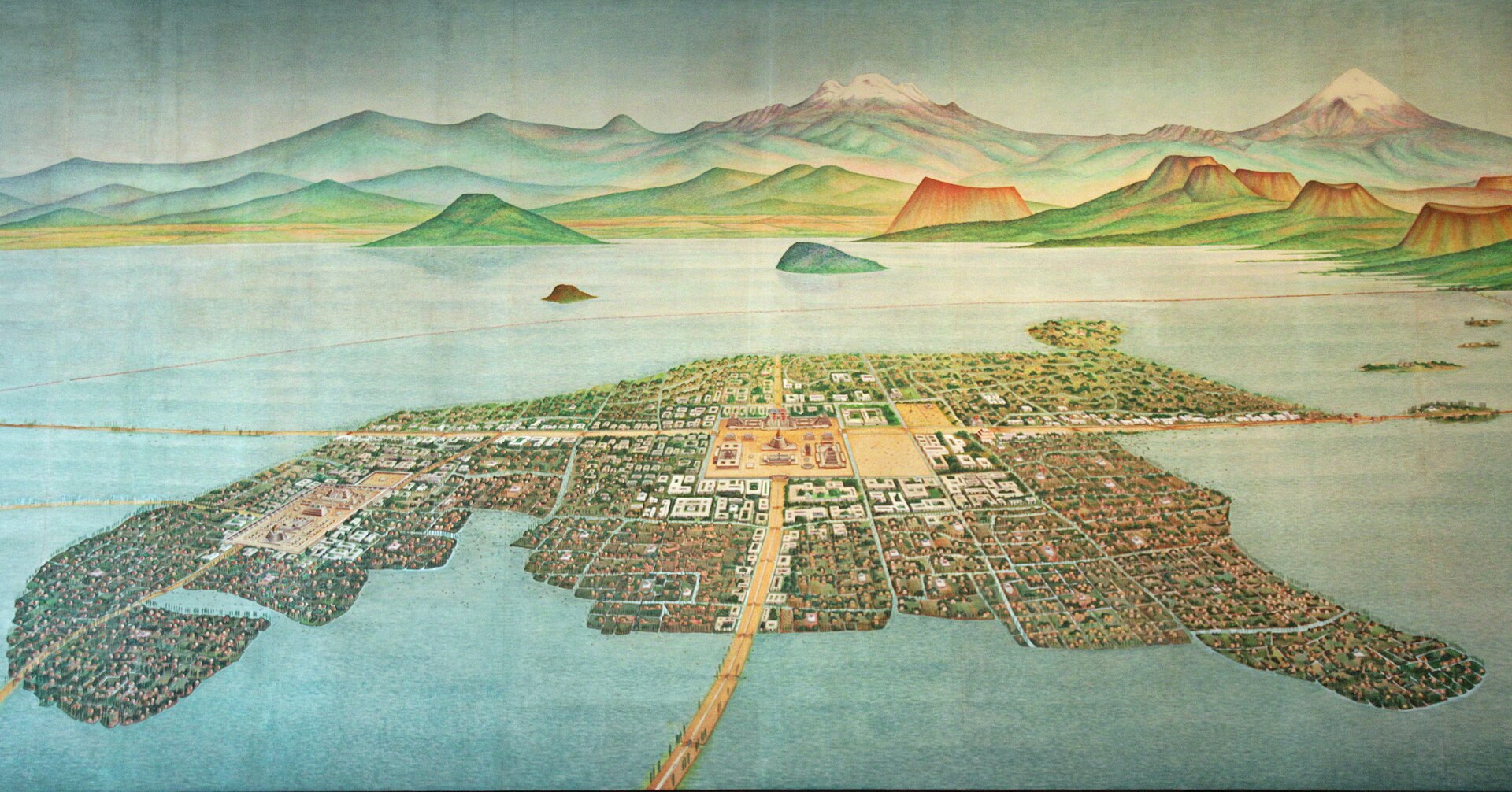 An artistic reconstruction of Tenochtitlan, the island capital of the Aztec Empire. Credit: Gary Todd from Xinzheng, China (CC0).