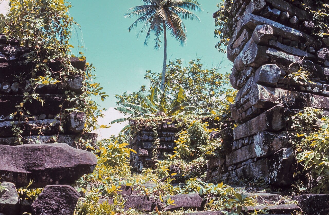 The ruins of Nan Madol on Pohnpei, a city of stone built on around a hundred artificial islets in a lagoon. Raised from enormous columnar basalt from about the thirteenth century, it is one of the great archaeological wonders of the Pacific.
