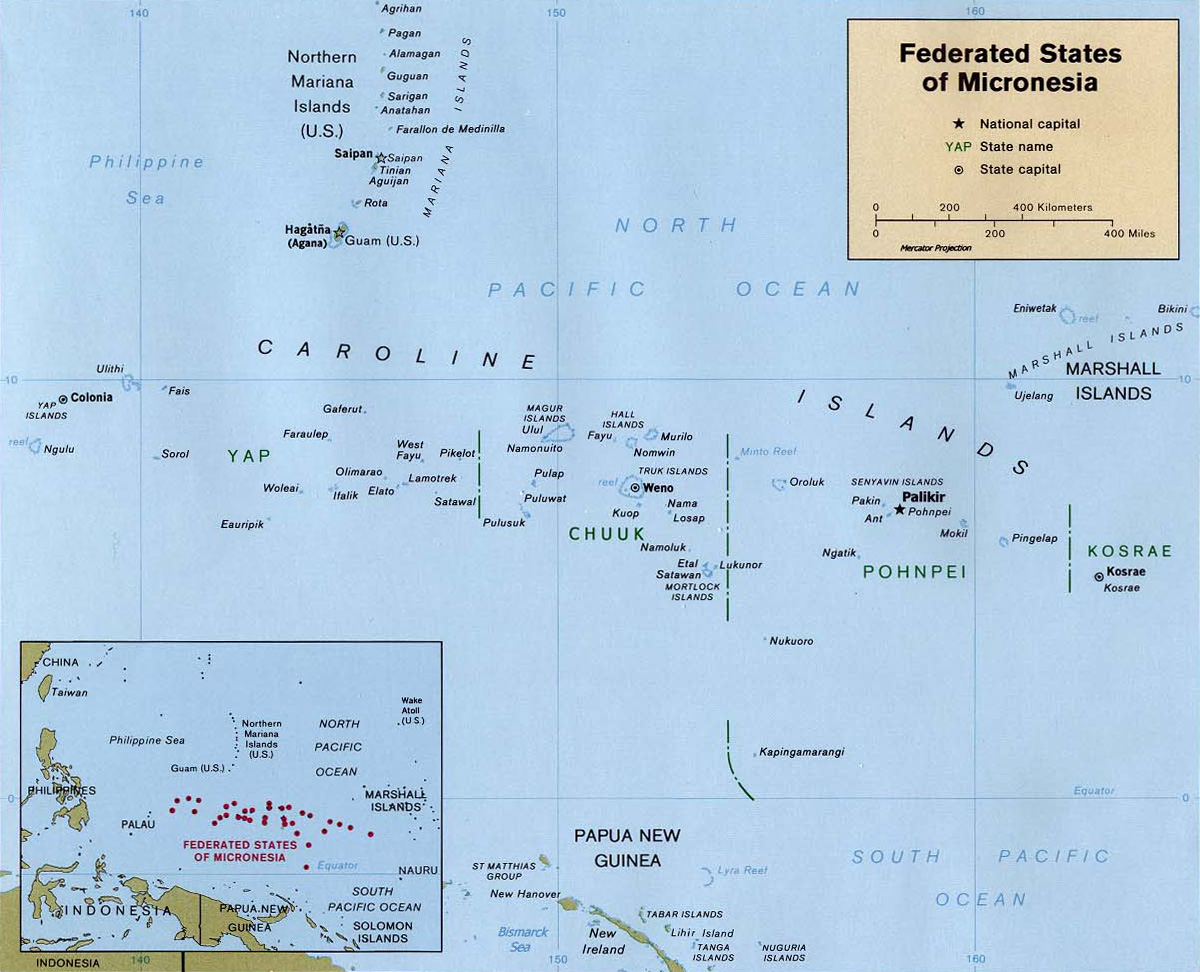 A map of the Federated States of Micronesia, whose four states, Yap, Chuuk, Pohnpei, and Kosrae, are strung across a vast reach of the western Pacific. Though its land is tiny and scattered, the country commands an enormous stretch of ocean.