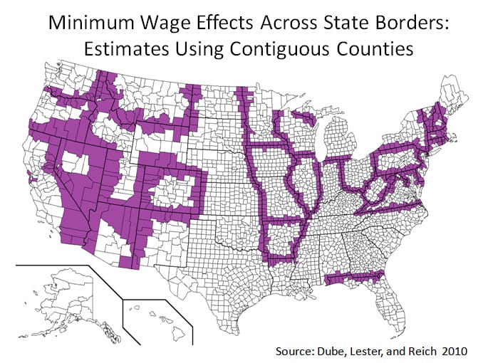 Estimated employment effects using pairs of neighbouring counties across state borders. Comparing places that are similar in everything except the wage floor is the design most of this literature now uses.