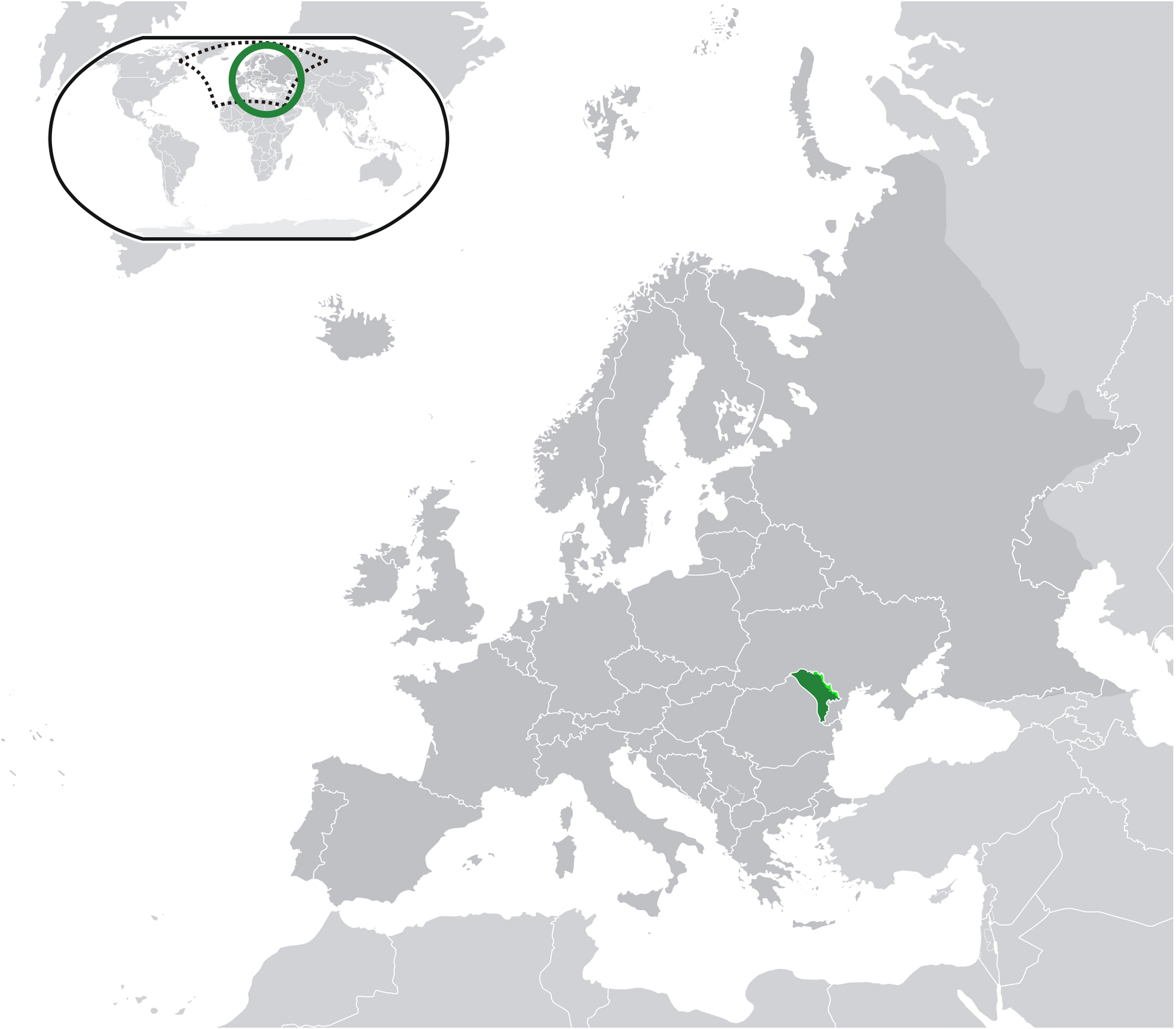 A map showing Moldova (green) and the breakaway region of Transnistria (light green) along its eastern border. This Russian-backed strip beyond the Dniester, garrisoned by Russian troops, has lain outside the government's control since a brief war in 1992.