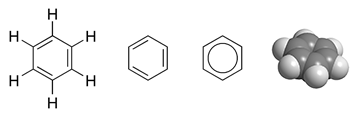 Benzene. The delocalised description assigns six electrons to orbitals spread around the whole ring, which accounts for the equal bond lengths and the unusual stability.