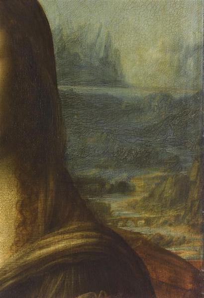 A detail of the painting's atmospheric landscape, blended with Leonardo's sfumato.