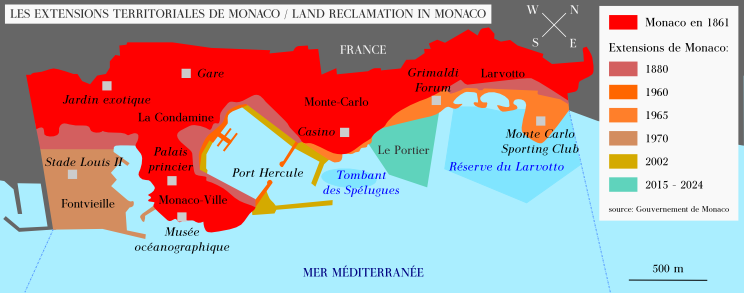 A map of Monaco's expansion by land reclamation since 1861. Desperate for space in its cramped setting, the principality has repeatedly pushed out into the sea, adding whole districts such as Fontvieille to its tiny territory.
