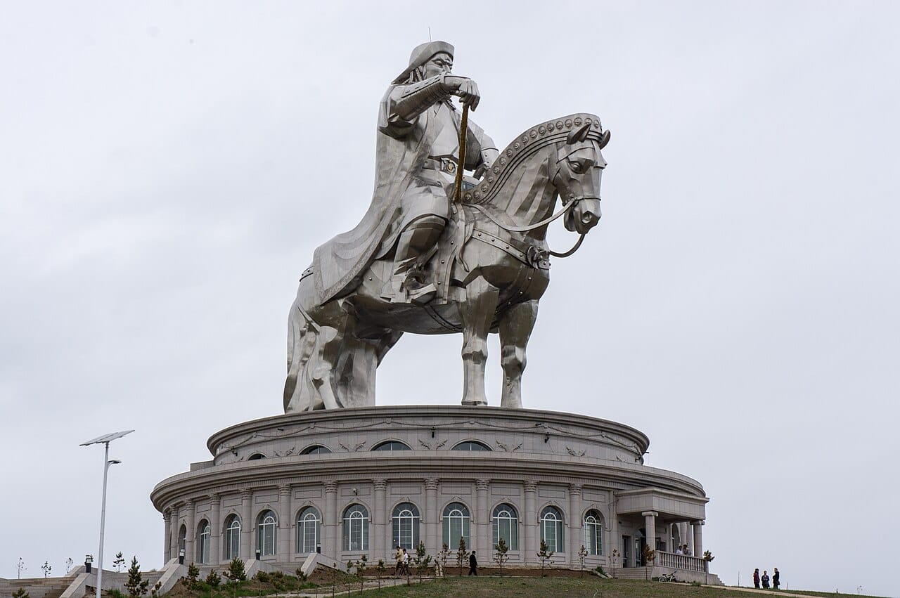The colossal equestrian statue of Genghis Khan on the steppe near Ulaanbaatar, completed in 2008 and among the tallest of its kind in the world. Its scale reflects the revival of pride in Genghis Khan as the founding father of the Mongolian nation.