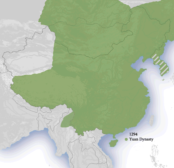 The Yuan dynasty, the Chinese realm of the Mongol Empire at its height in the late thirteenth century. Credit: Yuen_Dynasty_1294.png: Ian Kiu derivative work: Idh0854 (talk) (CC BY 3.0).
