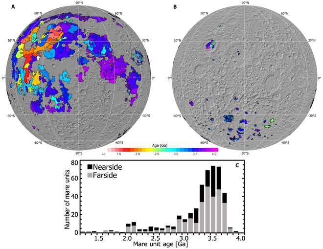 The Moon was volcanically active for a long time after it formed; lava flooded the basins that became the dark maria. Credit: Jiannan Zhao et al. (CC BY 4.0).