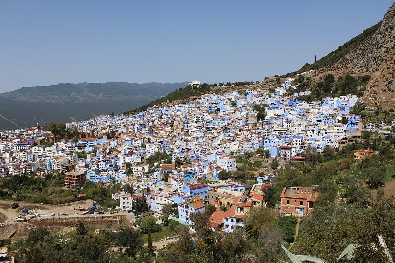 The blue-painted town of Chefchaouen, nestled in the Rif Mountains of northern Morocco. Its washed indigo walls have made it one of the country's most famous sights, and reflect the mountain landscapes that rise across the land.