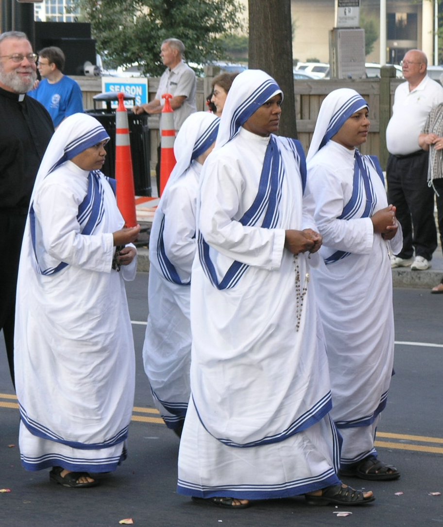 Missionaries of Charity in their distinctive blue-bordered saris.