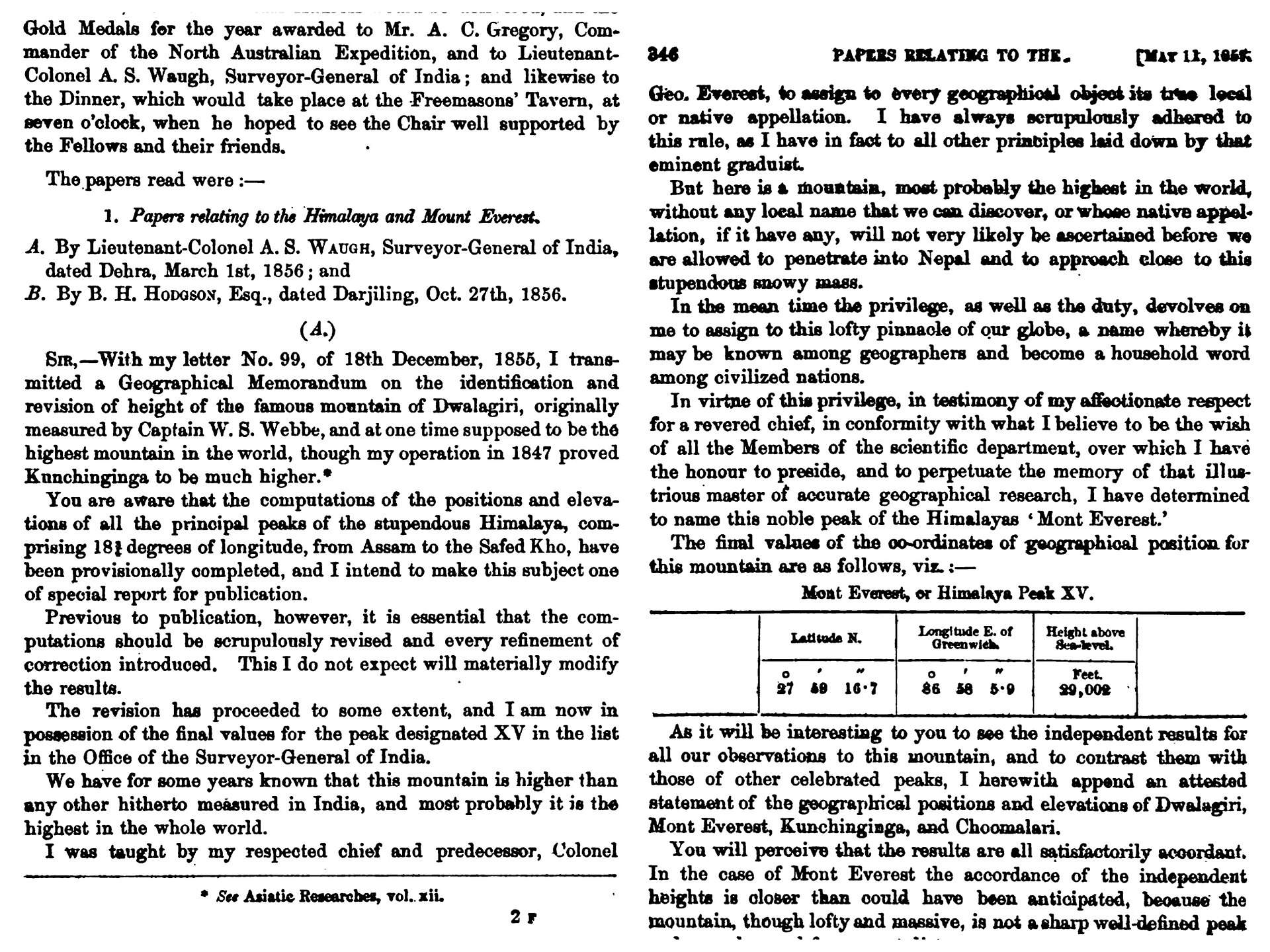 The 1856 paper in which the height of "Peak XV" was first announced to the Royal Geographical Society. Credit: Andrew Waugh (public domain).