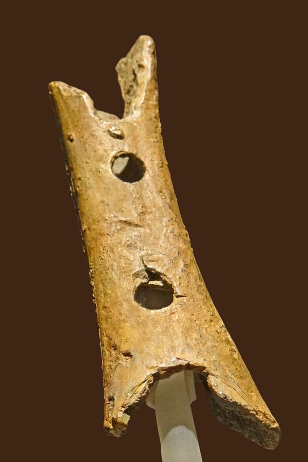 A Palaeolithic bone flute. Instruments of this kind are among the oldest surviving evidence of deliberate music-making.