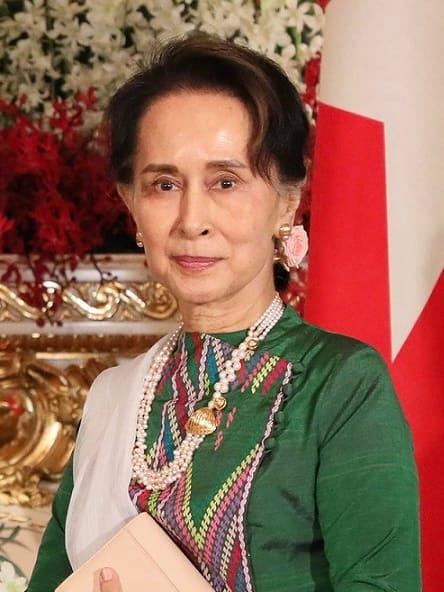Aung San Suu Kyi, the pro-democracy leader and Nobel Peace Prize laureate who led Myanmar's elected government before the 2021 coup, after which she was again detained. Her reputation abroad was clouded by her government's handling of the Rohingya crisis.