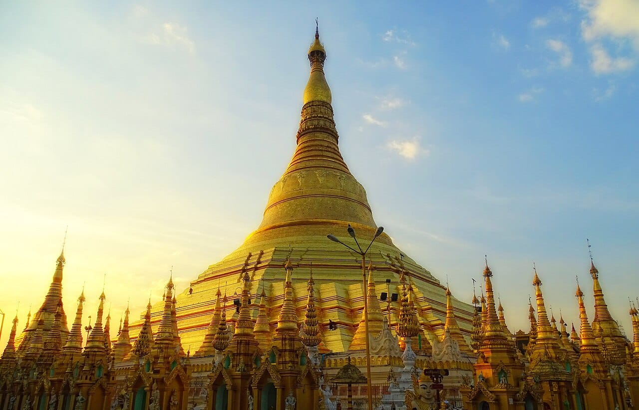 The Shwedagon Pagoda in Yangon, the holiest Buddhist site in Myanmar. Covered in gold and topped with jewels, the great stupa is believed to enshrine relics of the Buddha and has stood at the heart of Burmese devotion for centuries.
