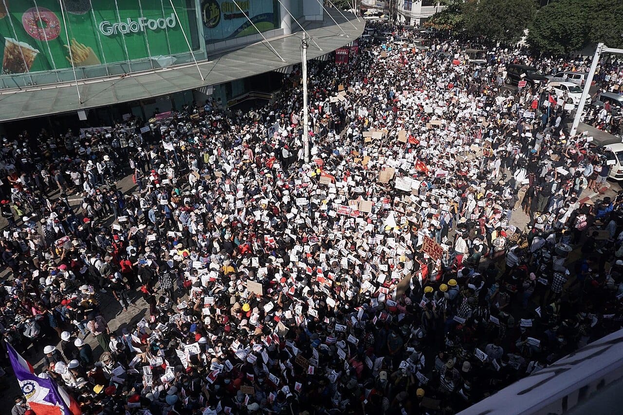Protesters in the streets after the military coup of February 2021. The takeover was met by mass demonstrations and then armed resistance, plunging Myanmar into a widening civil war.