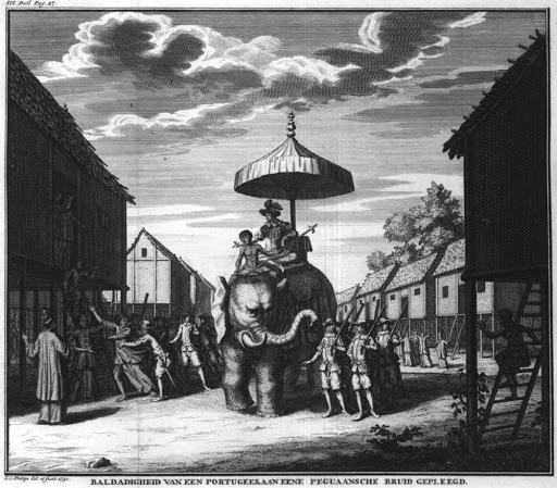 A European depiction of a Portuguese adventurer in Burma. From the sixteenth century, Portuguese and other European traders and mercenaries played a role in the wars of the Burmese kingdoms.