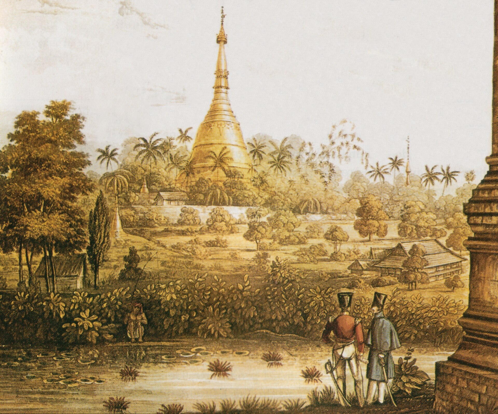 An 1825 British view of the Shwedagon Pagoda in Rangoon, now Yangon. The great gilded shrine, the holiest in the country, stood at the heart of a colony the British reshaped around the export of rice.