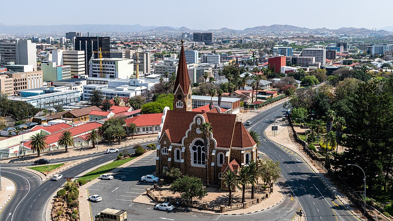 The Christ Church in Windhoek, the capital of Namibia, a German Lutheran church built in the colonial era. The small, orderly highland capital blends its German colonial heritage with its identity as the heart of an independent African nation.