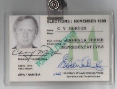 An observer badge from the United Nations-supervised transition of 1989. After decades of South African rule and a liberation war, an international process brought Namibia to independence in 1990, the last nation freed in mainland Africa.