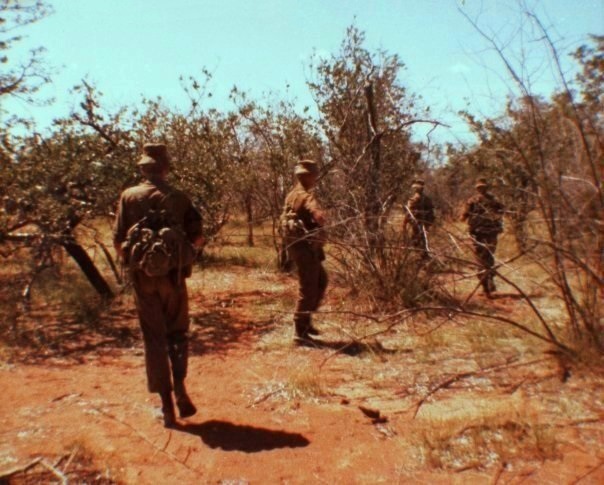 South African troops patrolling the border during the long war against SWAPO's guerrillas. South Africa held Namibia in defiance of the United Nations and imposed apartheid until independence in 1990.