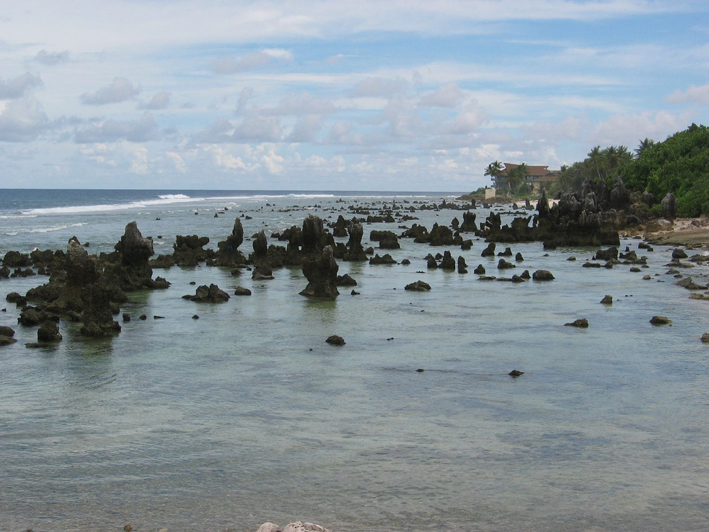 The narrow coastal belt of Nauru, a fringe of beach and fertile ground around the island's rim. Almost the entire population is crowded onto this coastal strip, because the mined-out interior is largely barren and uninhabitable.