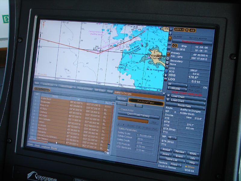 A modern ship's navigation station. Satellite positioning is the primary method and traditional techniques are retained against its failure.