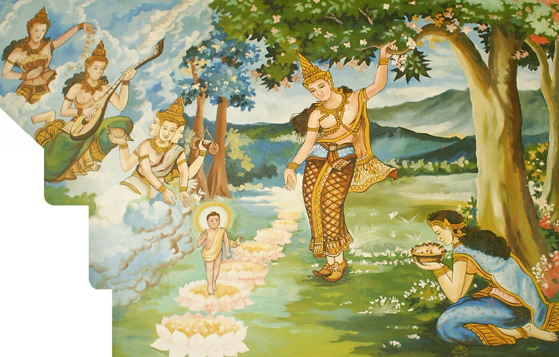 A painting of the birth of the Buddha at Lumbini, in the southern plains of Nepal, around the sixth century BC. The birthplace of the Buddha gives Nepal a revered place in the religious history of the world.