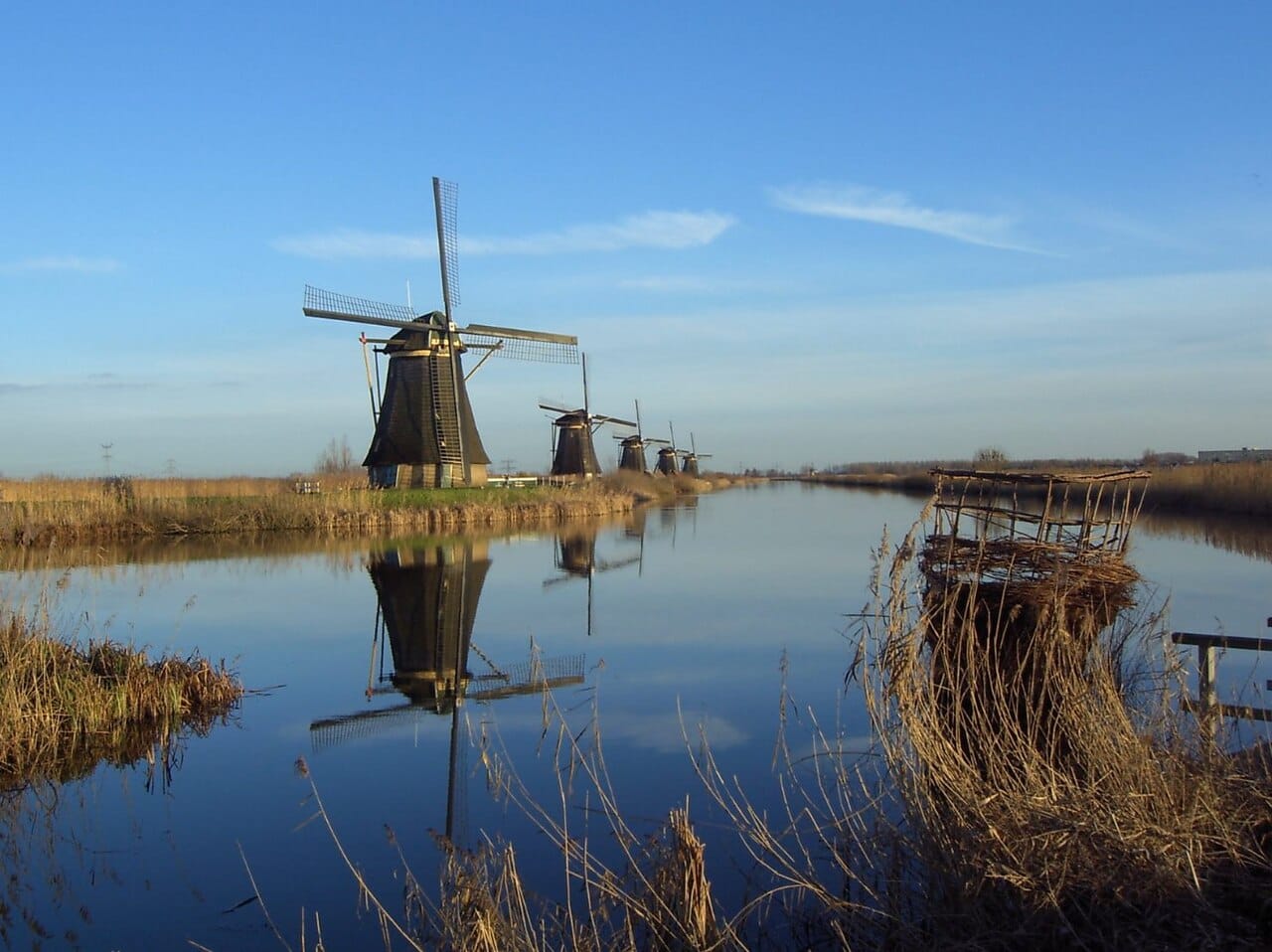 The windmills of Kinderdijk, a World Heritage site. These mills once pumped water out of the polders to keep the low land dry, and they remain the classic emblem of the Dutch struggle to hold back the water and live below the level of the sea.