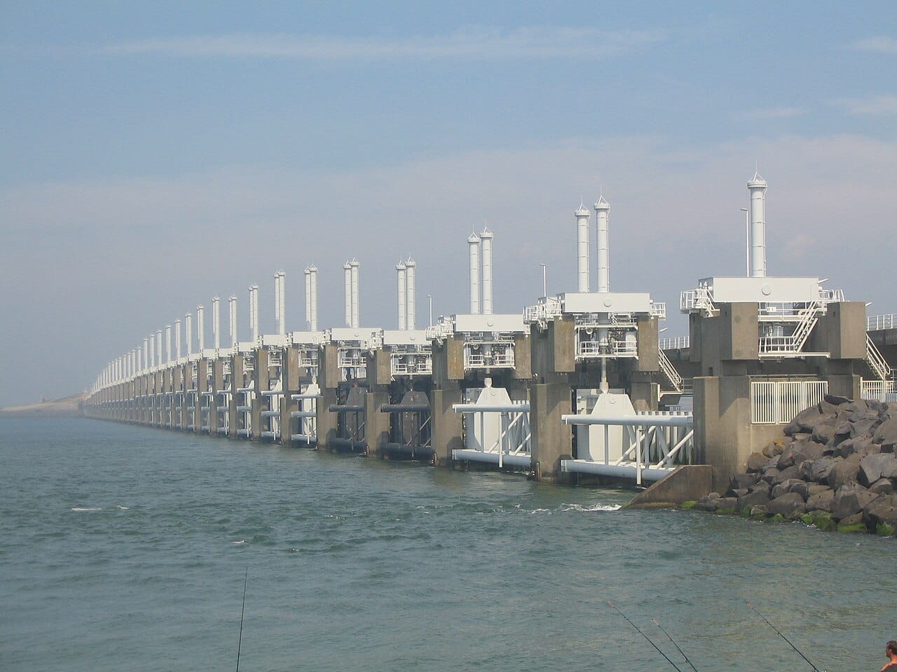 The Oosterscheldekering, the great storm surge barrier of the Delta Works in the southwest. Built after catastrophic floods in 1953, this vast movable barrier is a centrepiece of the modern engineering that keeps a low-lying nation safe from the sea.