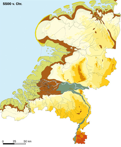A map of the ancient Dutch coast; much of the modern Netherlands has been reclaimed from the sea and rivers. Credit: RACM &amp; TNO (CC BY-SA 3.0).