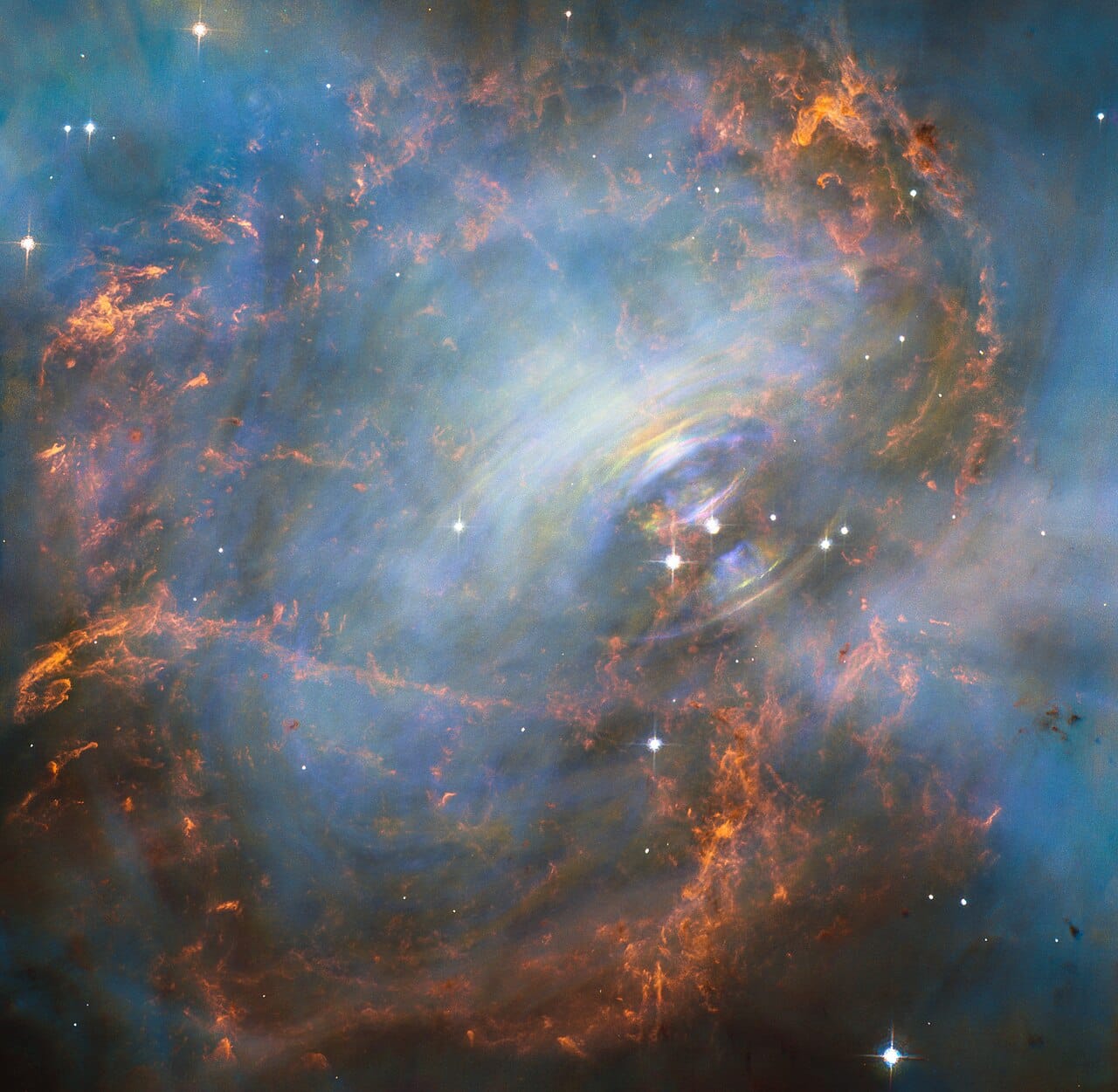 The Crab Nebula with its central pulsar. The neutron star at the centre is the remnant of the star whose explosion was recorded in 1054.
