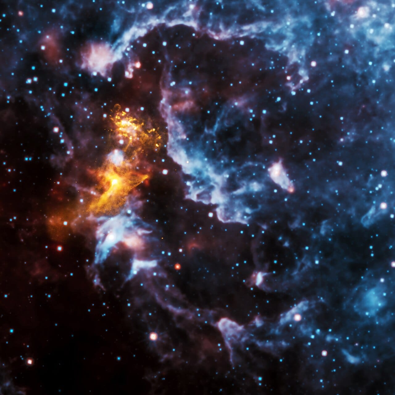 A pulsar and its surrounding wind nebula in X-rays. Charged particles accelerated by the rotating magnetic field light up the surrounding space.