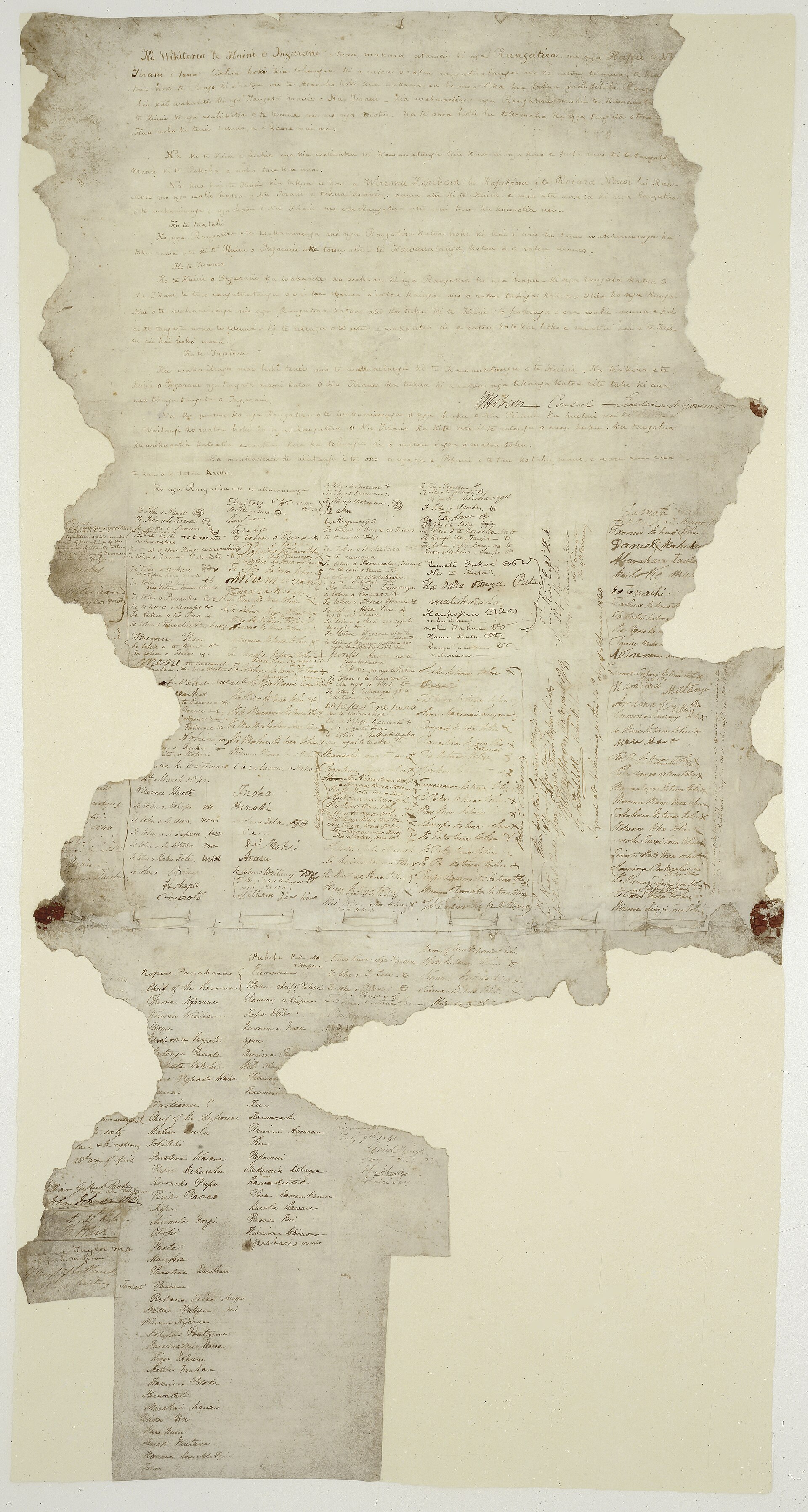 The Treaty of Waitangi of 1840, the founding document of New Zealand. Credit: William Hobson, James Freeman, and James Busby (English version); Henry Williams and Edward Williams (Māori translation) (Public domain).
