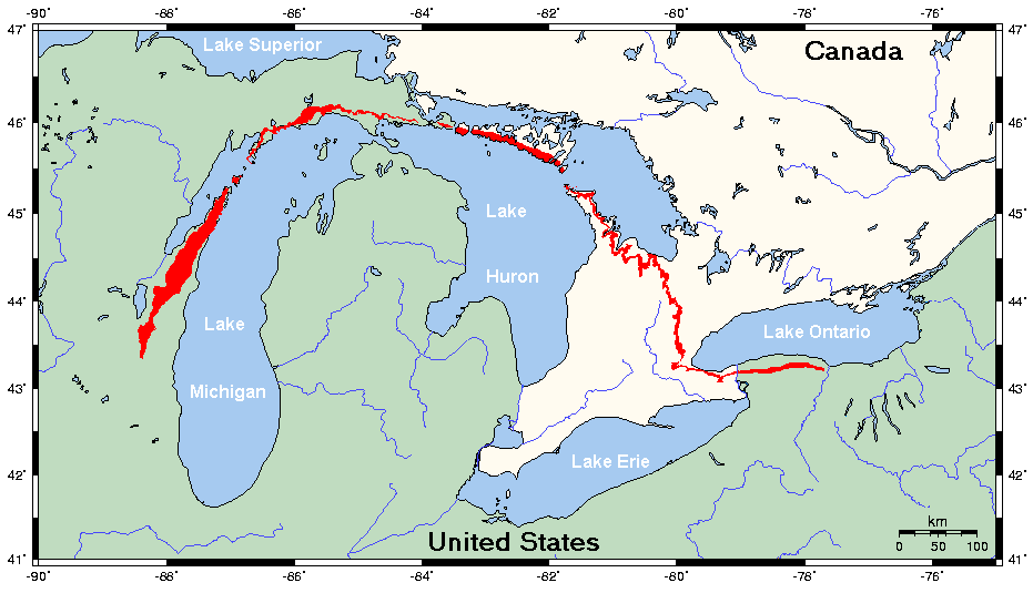 The Niagara Escarpment, the ridge of hard rock over which the river plunges. Credit: Unknown (CC BY-SA 3.0).