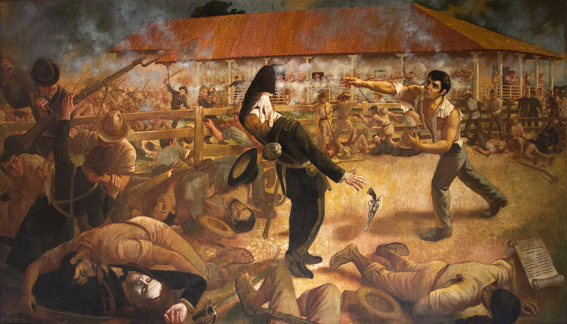 A depiction of the Battle of San Jacinto in 1856, in which Nicaraguan forces helped defeat the American filibuster William Walker, who had seized control of the country. It is remembered as a founding moment of national resistance.