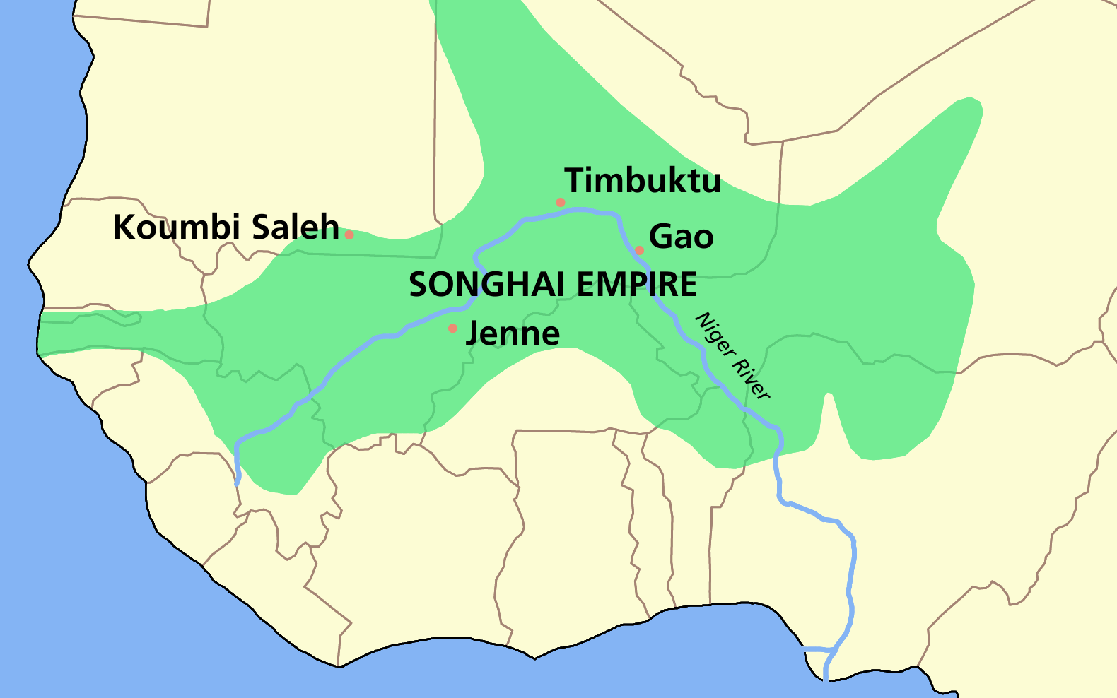 The Songhai Empire, one of the great medieval West African states whose reach included parts of modern Niger. Credit: No machine-readable author provided. Roke~commonswiki assumed (based on copyright claims). (CC BY-SA 3.0).