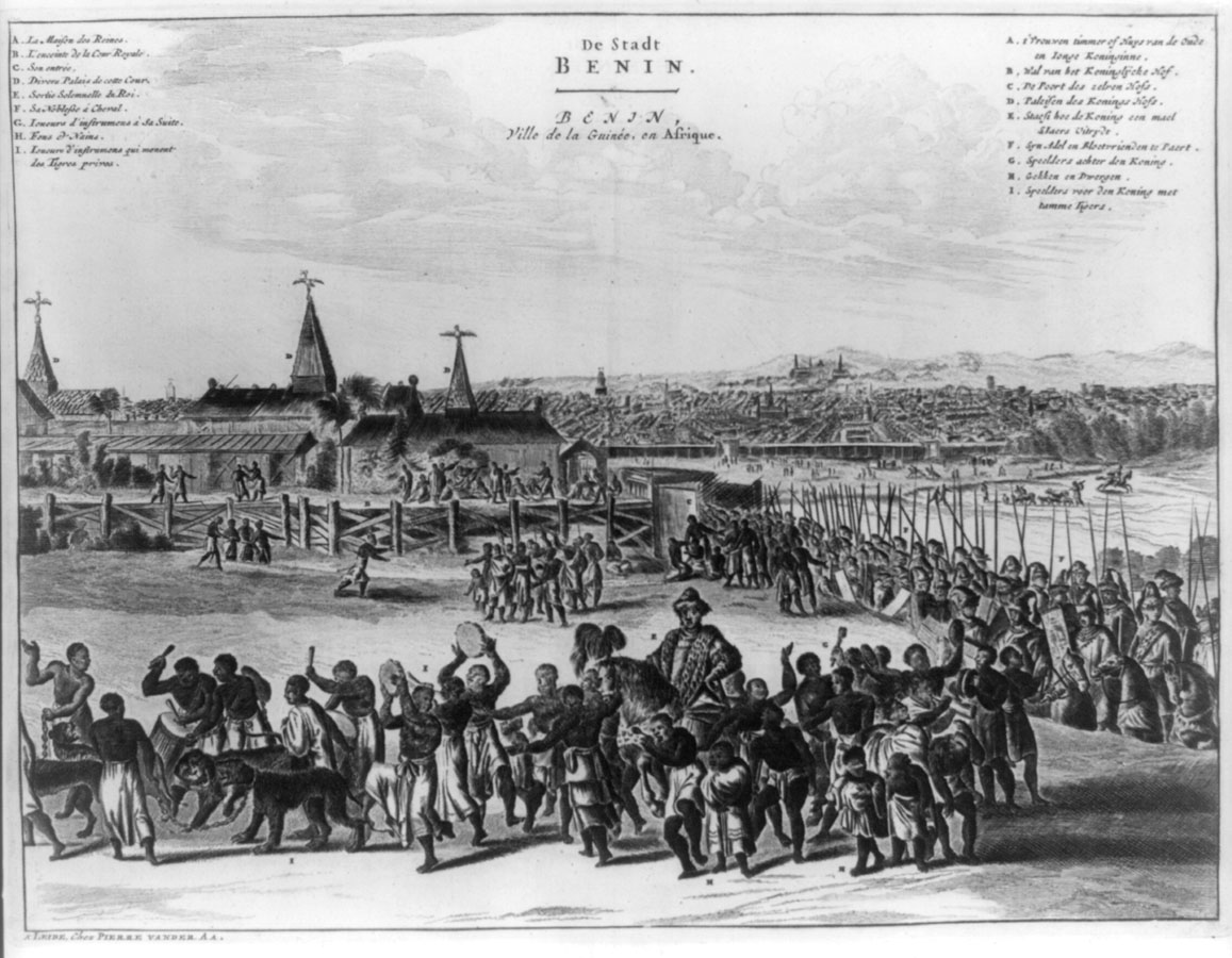 Benin City as drawn by a Dutch visitor in 1668. European accounts described a large, orderly capital with broad streets and a great earthen wall, the seat of a powerful West African kingdom.