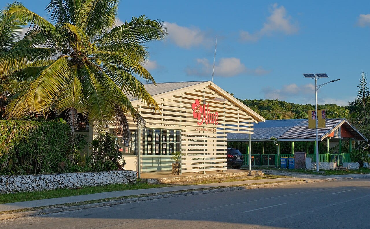 The visitor centre at Alofi, the capital and largest of Niue's fourteen coastal villages. Around 1,700 people live on the island, while well over ten times that number of Niueans live in New Zealand.