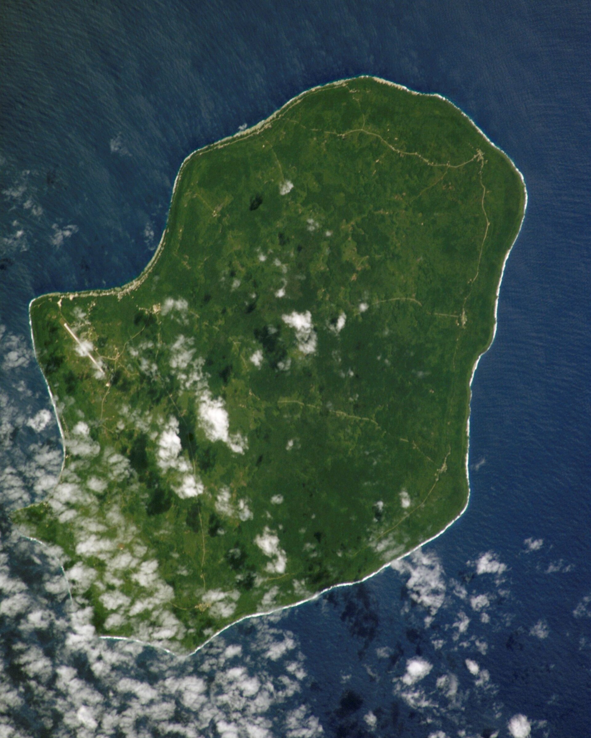 Niue from the International Space Station. The island is a single raised block of limestone with no lagoon and almost no beaches, rising to a plateau about 60 metres above the sea and dropping in cliffs straight into deep water.