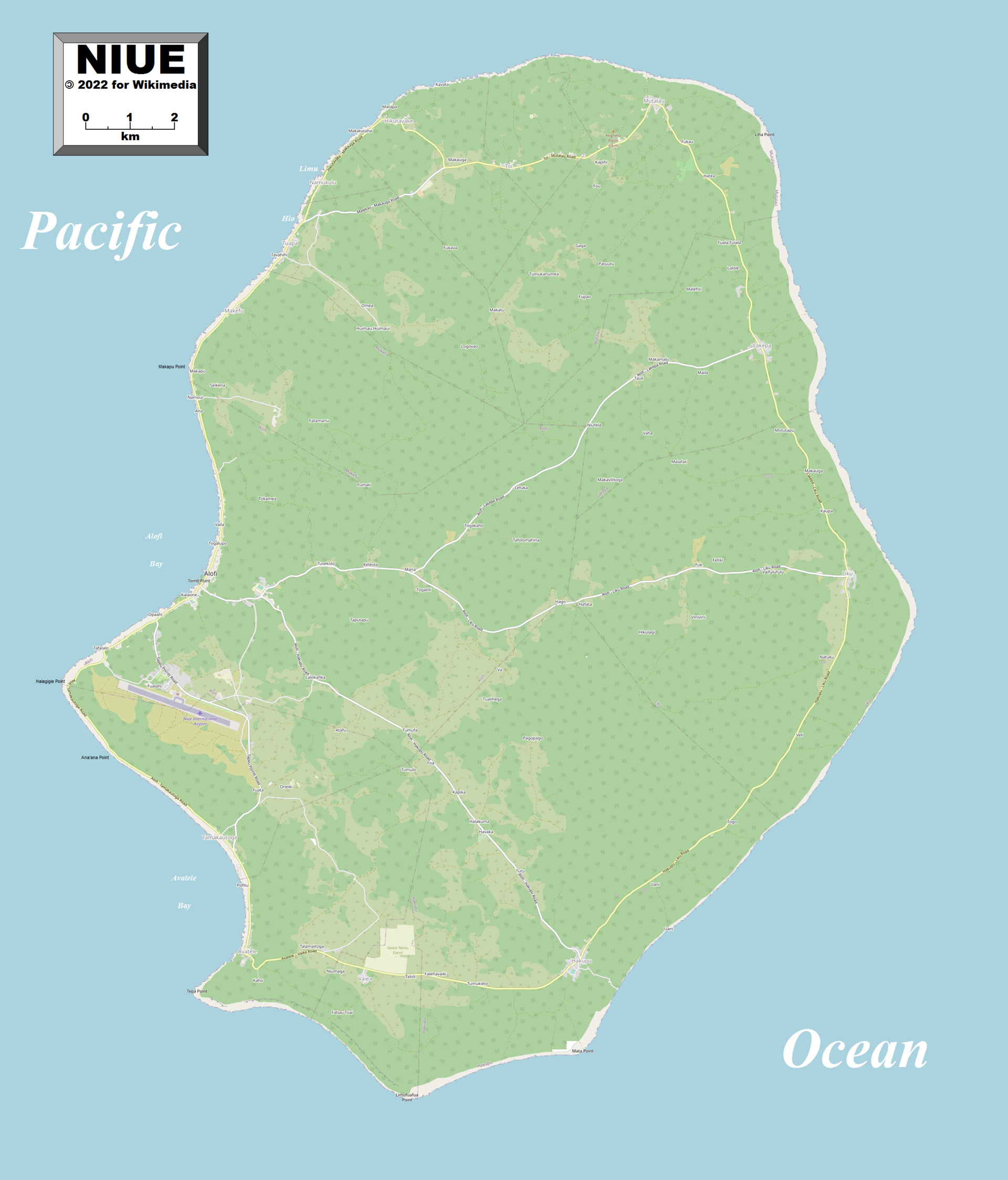A map of Niue. Villages ring the coast and are linked by a single road; the porous limestone means there are no rivers, and all fresh water comes from an underground lens fed by rain.