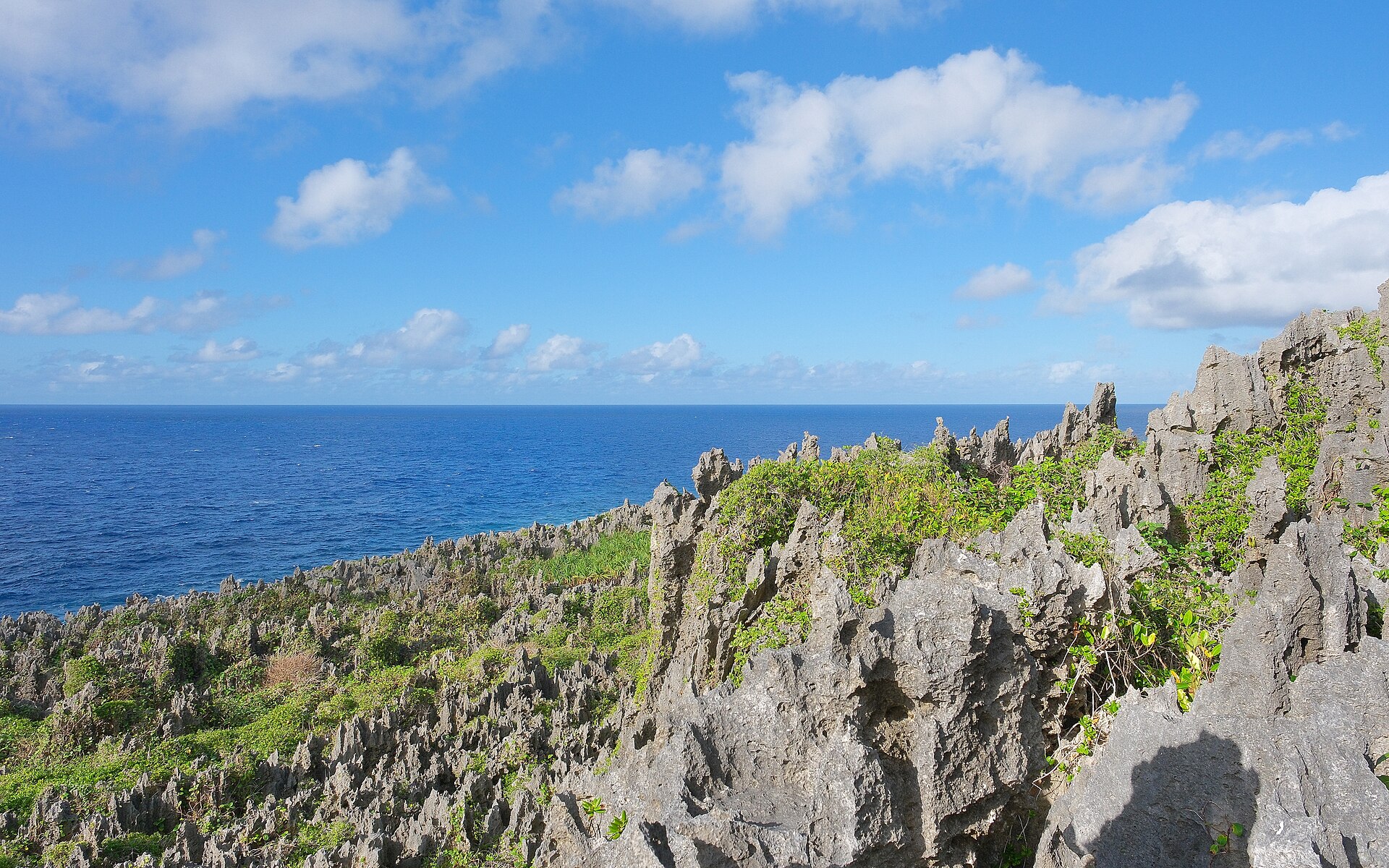 Fossilised coral pinnacles at the Togo chasm. The island's limestone is cut through with caves, chasms, and arches, which are its chief attractions in the absence of beaches.