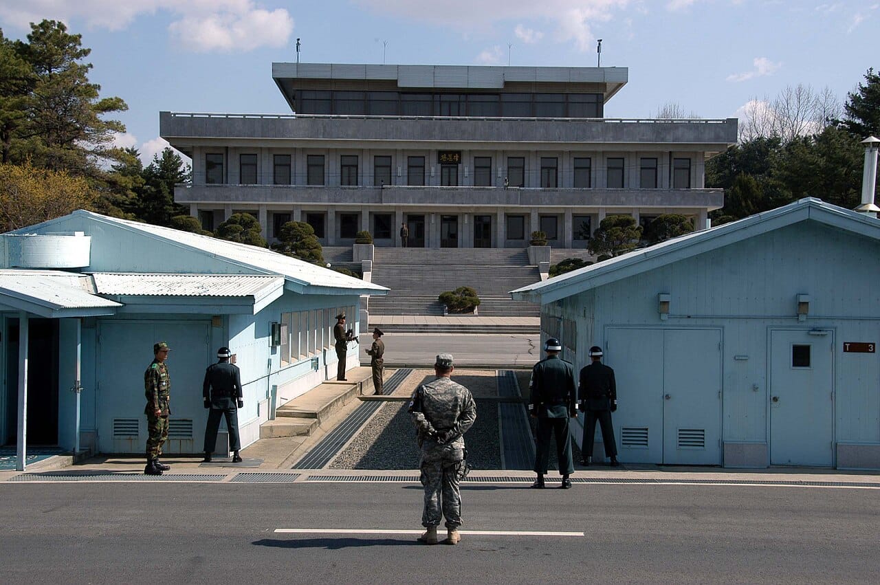 The truce village of Panmunjom in the demilitarised zone, where the 1953 armistice was signed and where the two Koreas still meet. The zone is four kilometres wide and among the most heavily fortified places on Earth.