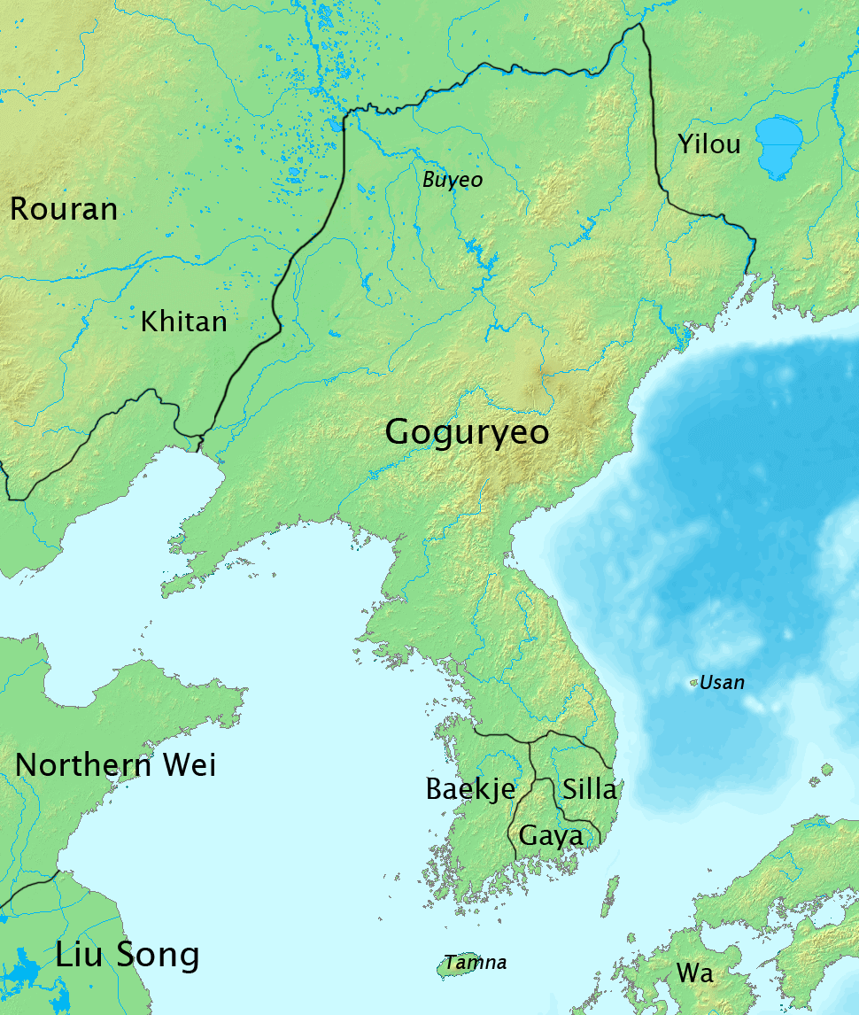 The Korean peninsula around AD 476, dominated by Goguryeo in the north. The kingdom reached far into Manchuria and held off Sui and Tang China for centuries, and its heartland lay in what is now North Korea.