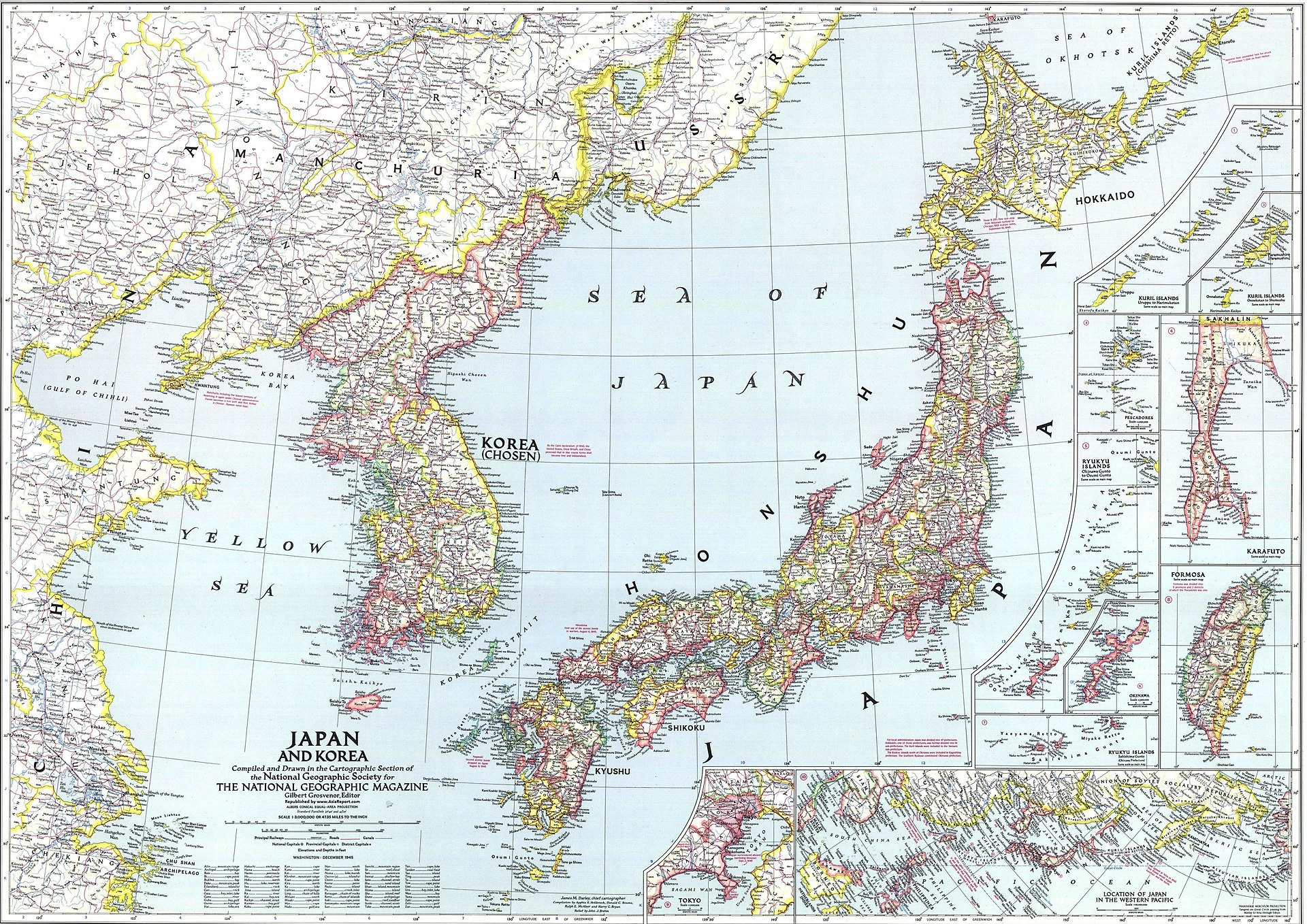 A 1945 map of Japan and Korea. The 38th parallel was chosen in Washington as a temporary occupation boundary by two officers working against the clock, with no Korean consulted, and it became the most heavily fortified border in the world.
