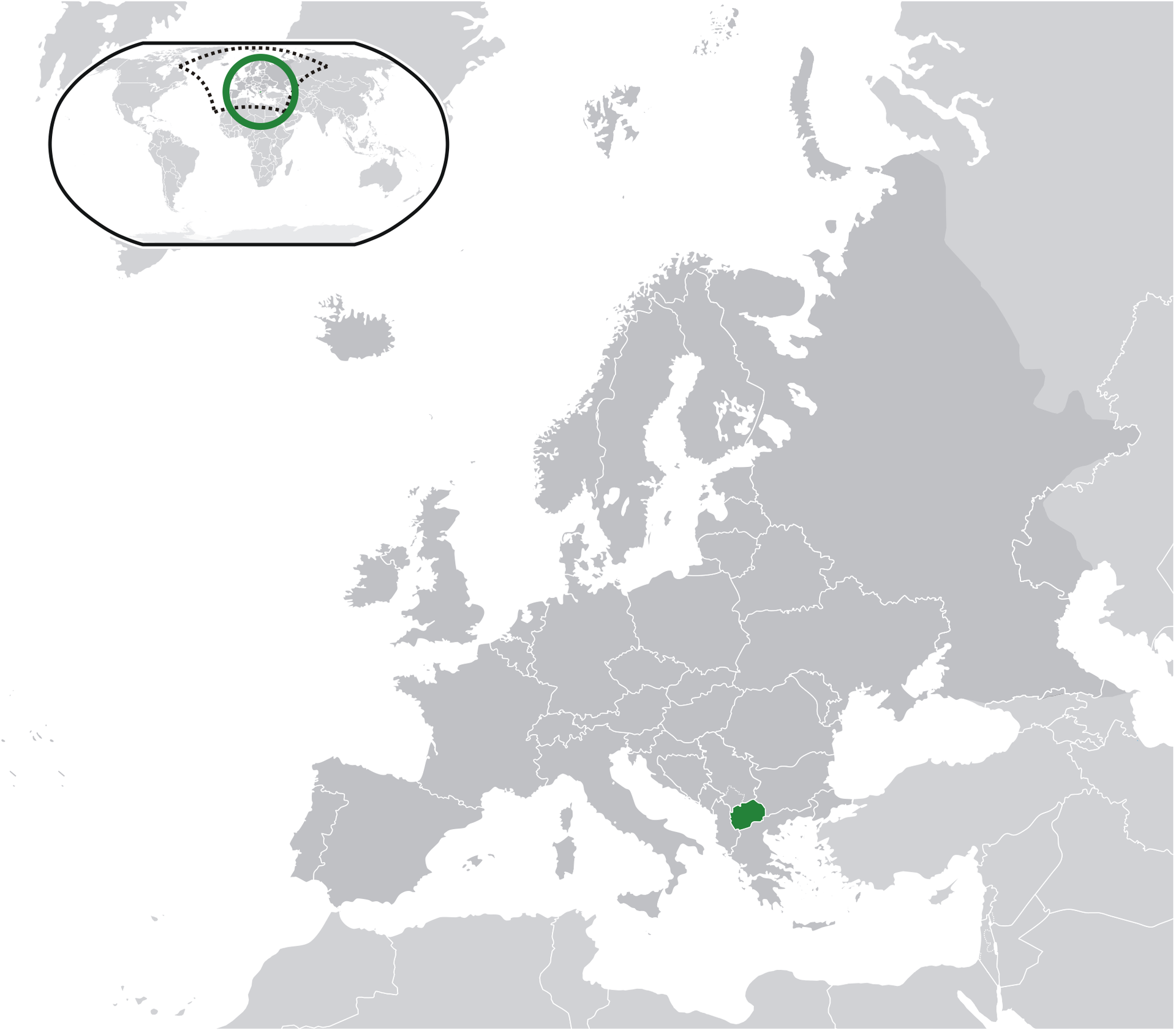 North Macedonia (in green) in southeastern Europe. For nearly three decades Greece blocked the country's use of the name Macedonia; the 2018 Prespa Agreement, which produced the name 'North Macedonia', opened the way into NATO, though a further dispute with Bulgaria over language and identity still holds up its European Union bid.