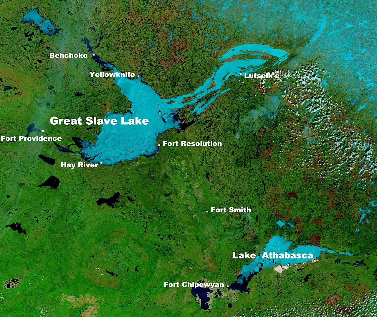 Great Slave Lake seen from space, the deepest lake in North America. Its waters, and those of Great Bear Lake to the north, feed the great Mackenzie River.