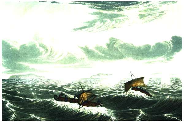 An expedition's canoes caught in a gale, from the era of Arctic exploration. Explorers such as Sir John Franklin pushed through the Northwest Territories in search of the Northwest Passage, often at great cost.