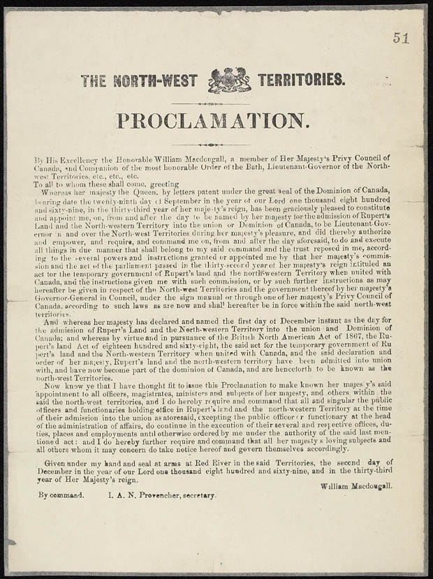 The proclamation extending Canadian authority over the North-West Territories. From this near-continental expanse the Prairie provinces and, much later, Nunavut were created.