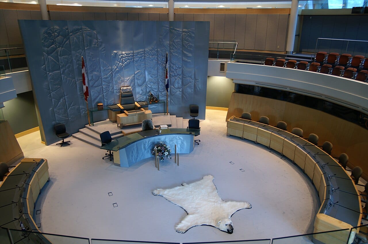 The Legislative Assembly of the Northwest Territories in Yellowknife. Its round chamber reflects the consensus system of government, which draws on Indigenous tradition rather than party politics.