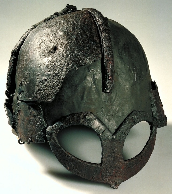 The Gjermundbu helmet, the only reasonably complete Viking helmet ever found, unearthed in Norway. Contrary to popular myth, Viking helmets bore no horns; this simple iron cap is the real thing.