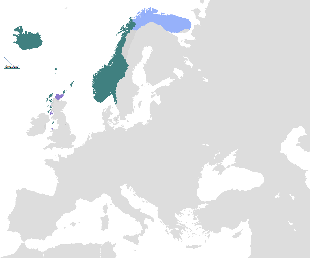 The Kingdom of Norway at its greatest medieval extent, including its North Atlantic territories. Credit: OnWikiNo (CC BY-SA 3.0).